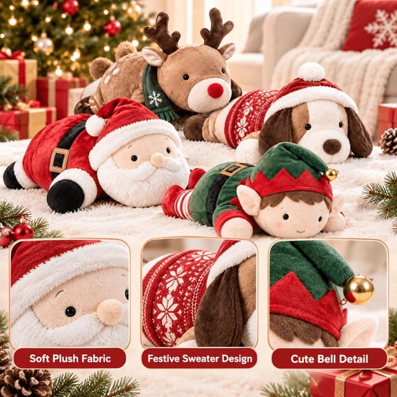 Christmas Plush Toy, Lying Posture Stuffed Animal with PP Cotton, Cute Santa Elf Reindeer Dog Holiday Cuddle Gift for Kids & Adults, 18x10cm, 1pc