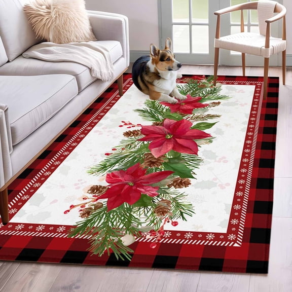 Christmas Poinsettia Area Rug 3x5 Washable Rug Non Slip Xmas Botanical Pine Cones Red Plaid Large Area Rug Indoor Floor Carpet for Entryway Bedroom Kitchen Living Room Home Office Dining Room Nursery