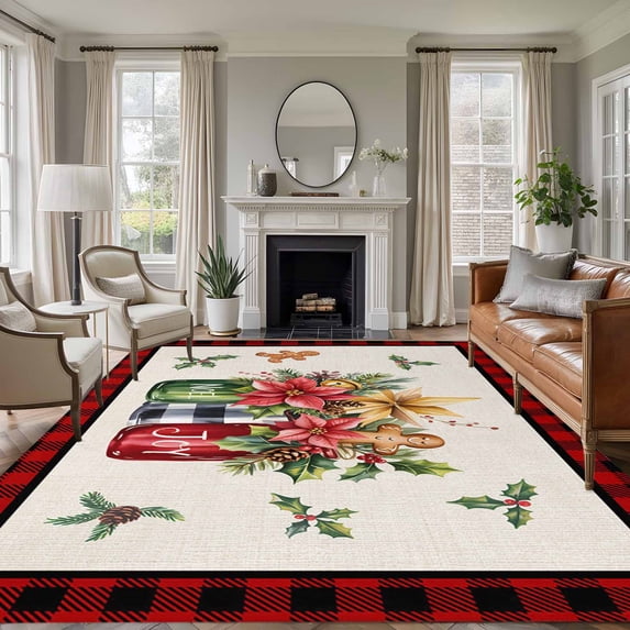 Christmas Poinsettia Area Rugs 6'x9', Washable Small Throw Rugs for Kitchen Dining room, Winter Xmas Pin Cone Needles Plaid Indoor Outdoor Rug Non-Slip Low Pile Carpet Runner Reversible Floor Mats