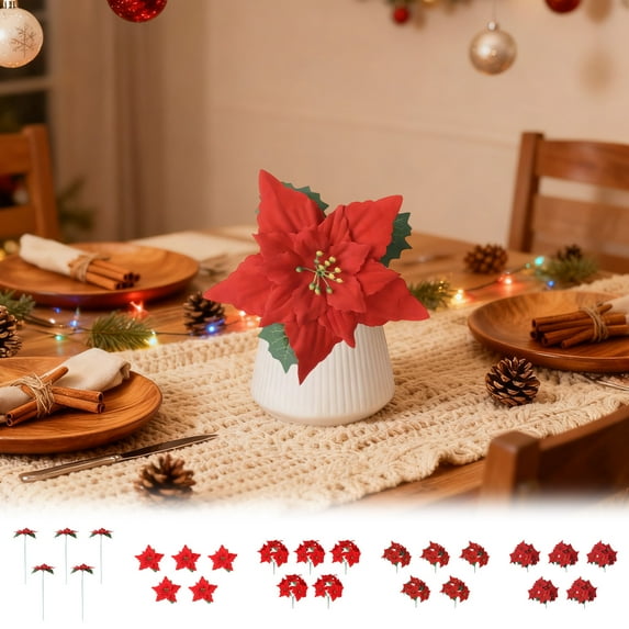 Christmas Poinsettia 5PCS Artificial Floral Bouquet 14.57x2.36x2.36in,Lifelike Plastic Branches for Festive Home Decor Centerpieces & Holiday Arrangements(Red)