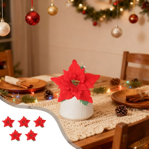 Christmas Poinsettia 5PCS Artificial Floral Bouquet 14.57x2.36x2.36in,Lifelike Plastic Branches for Festive Home Decor Centerpieces & Holiday Arrangements(Red)