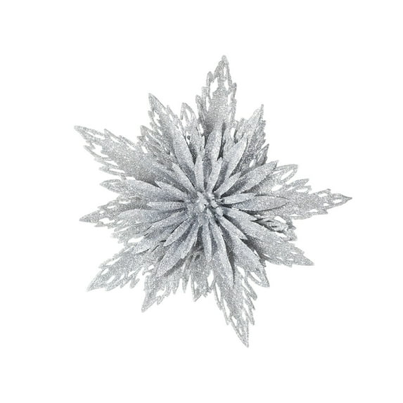 Christmas Poinsettia Artificial Flowers 4 Inch Silver Glitter Floral Picks with Clip for Christmas Tree Wreaths Garland Decorations Xmas New Year Wedding Party Winter Holiday Ornaments Arrangements