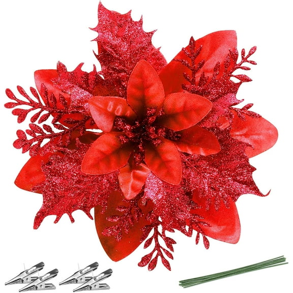 Christmas Poinsettia Artificial Flowers Decorations 5.5" Christmas Tree Wreaths Garland Decoration 12 Pcs Glitter Flowers Picks Decor for Xmas New Wedding Party Ornaments
