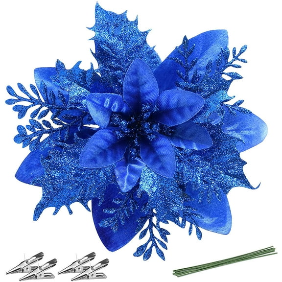 Christmas Poinsettia Artificial Flowers Decorations 5.5" Christmas Tree Wreaths Garland Decoration 12 Pcs Glitter Flowers Picks Decor for Xmas Wedding Party Ornaments (Royal Blue)