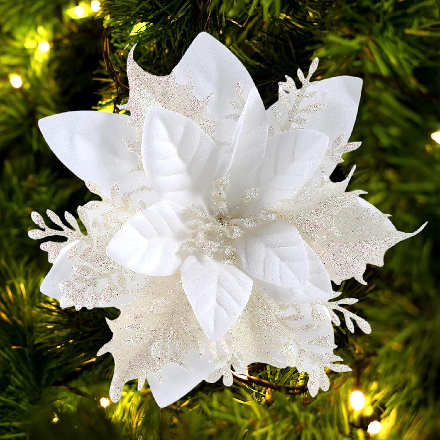 White Glitter Plastic Poinsettia Christmas Tree Decorations, 12-Pack