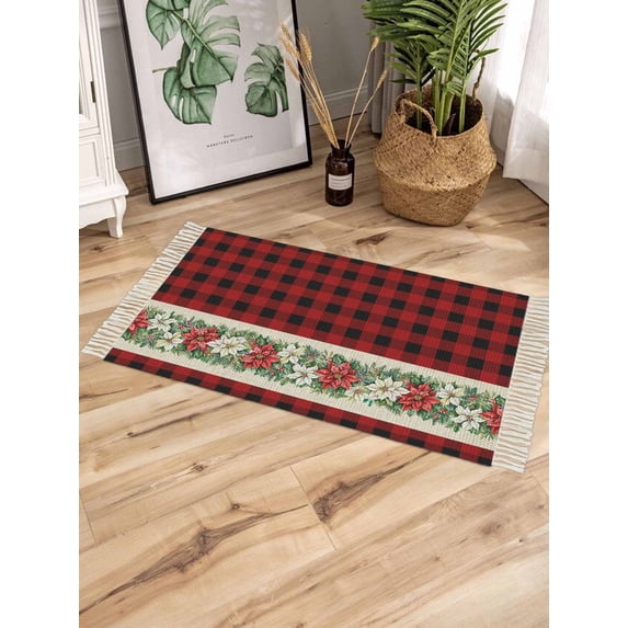 Christmas Poinsettia Bath Rug 2x3ft Woven Bathroom Entryway Runner Rug,Red Plaid Xmas Botanical Washable Living Room Hallway Bedroom Kitchen Carpet with Tassels,Indoor Outdoor Throw Doormat