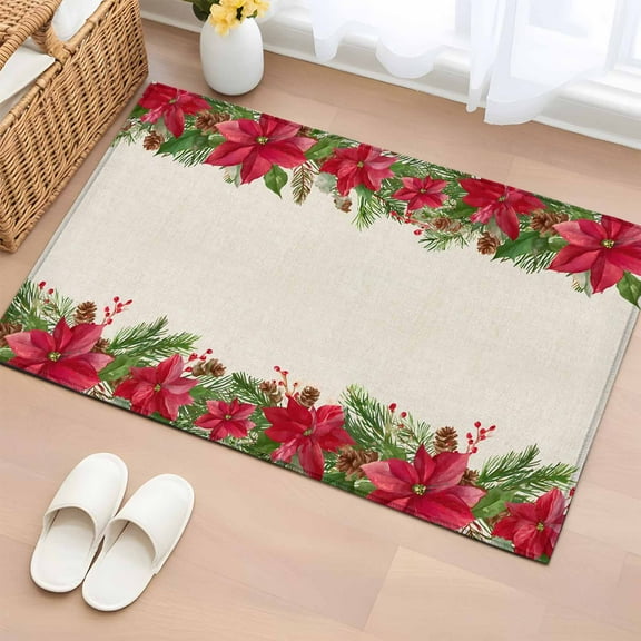 Christmas Poinsettia Bathroom Rug Washable 2x3 Entryway Rug Non Slip Green Xmas Botanical Pine Cones Front Door Mat Low Pile Indoor Doormat Throw Floor Carpet for Kitchen Bedroom Entrance