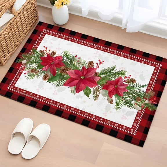 Christmas Poinsettia Bathroom Rug Washable 2x3 Entryway Rug Non Slip Xmas Botanical Pine Cones Red Plaid Front Door Mat Low Pile Indoor Doormat Throw Floor Carpet for Kitchen Bedroom Entrance
