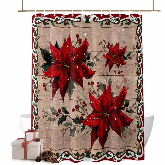 Christmas Poinsettia Bathroom Shower Curtain Winter Red Floral Pine Leaf Wood Grain Waterproof Washable Shower Curtains for Bathtub Bath Decor with Grommets and Hook 66 X 72 Inch