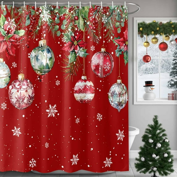 Christmas Poinsettia Bells on Red Shower Curtain for Bathroom, Snowflake Berry Fir Leaves Waterproof Shower Curtains Washable Quick Dry with Hooks Bathtub Curtains 36x72IN