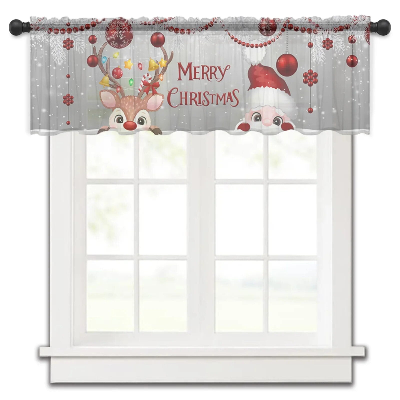 Christmas Poinsettia Berry Eucalyptus Gift Pine Cones Kitchen Curtains