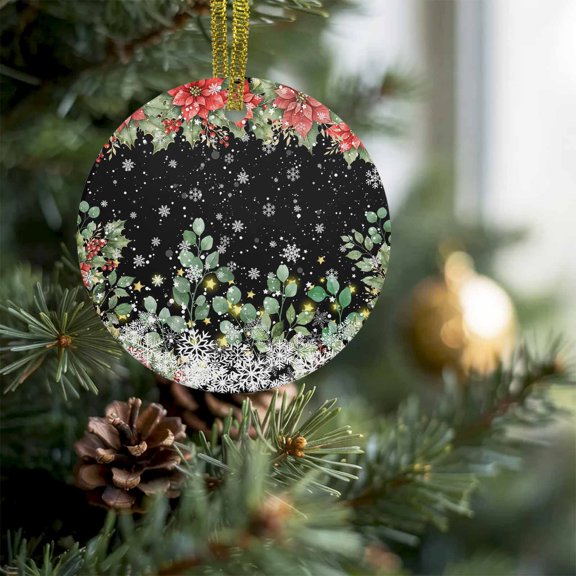 Christmas Poinsettia Berry Leaf Christmas Ceramic Ornament 2026,3" Round Xmas Tree Hanging Accessories with Ribbon,Winter Snowflake Red Green Plant Pendant Ornaments for Holiday Gift Home Party Decor