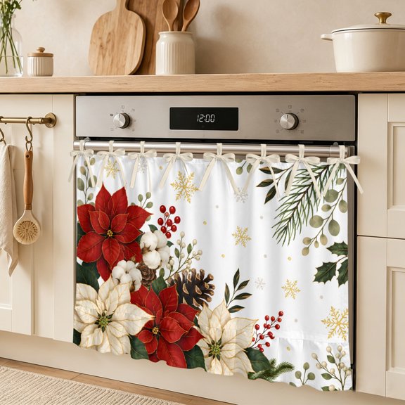 Christmas Poinsettia Berry Oven Skirt Curtain Farmhouse Kitchen Decor 30x21.5in, Winter Pine Tree Branches Cabinet Curtain with 8 Tie Top,Waterproof Oil-Proof Dishwasher Stove Door Cover