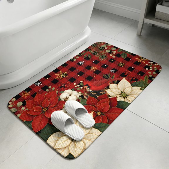 Christmas Poinsettia Bird Door Mat,Indoor Outdoor Welcome Doormat Red Black Plaid Absorbent Linen Front Door Mats Non-Slip Entrance Rug for Kitchen Bathroom Entryway,15.7x23.6in