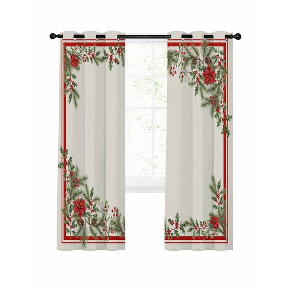 Cone Point Fixing Christmas Poinsettia Blackout Curtains 63 Inches Length, Xmas Red ...