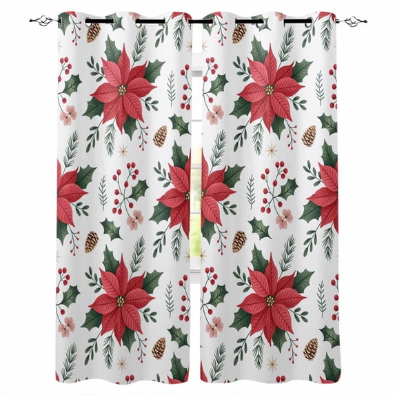 Christmas Poinsettia Blackout Curtains 84 Inches Long, Xmas Pine Fruit Berry Red Floral Thermal Insulated Black Out Curtains, Darkening Window Curtain Drapes for Bedroom Living Room 42"x84" 2 Panels