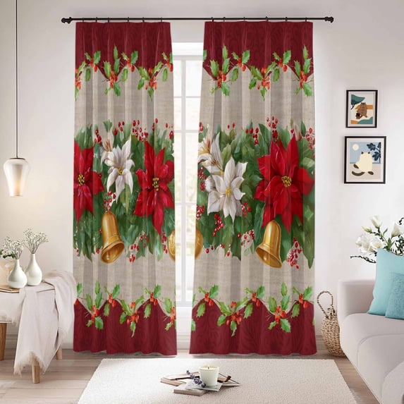 Christmas Poinsettia Blackout Curtains for Bedroom/Living Room, Pinch Pleated Black Out Curtains, Red Flowers Green Leaves Xmas Bells Vintage Room Darkening Window Drapes with Hooks 2 Panels, 59"x70"