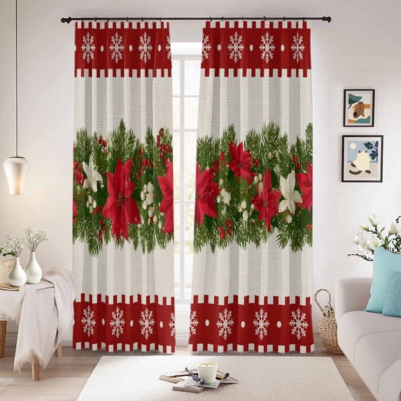 Christmas Poinsettia Blackout Curtains for Bedroom/Living Room, Pinch Pleated Black Out Curtains, Red Green Botanical Xmas Snowflake Room Darkening Window Drapes with Hooks 2 Panels, 59"x70"