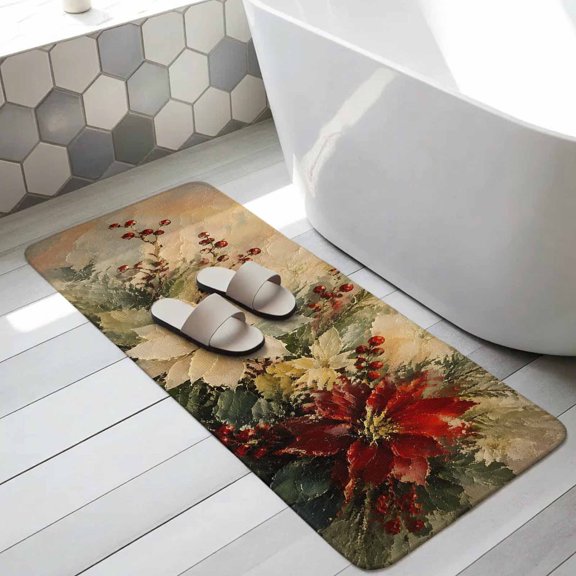 Christmas Poinsettia Blooms Bathroom Runner Rugs Non Slip Washable Absorbent Narrow Long Bath Mat Winter Berry Botanical Xmas Runner Rugs for Kitchen Hallway Bedroom Laundry Study Room 15.7"x47.2"