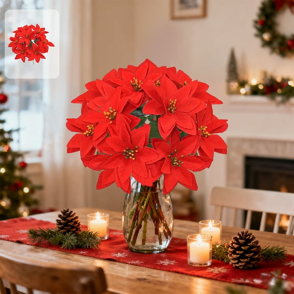 Christmas Poinsettia Bouquet, 13.78 Inch Flannel Fake Flowers for Holiday Decor, 7-Branch Simulation Greenery Potted Plant for Table Centerpiece, Mantle, Festive Vase Filler, Long-Lasting