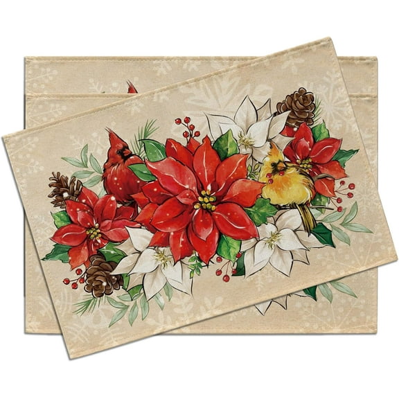Christmas Poinsettia Cardinal Placemats Set of 4, Xmas Floral Flower Red Birds Dining Place Mats Table Decor, Winter Pine Cone Holiday Home Kitchen Decoration 12 x 18 Inch