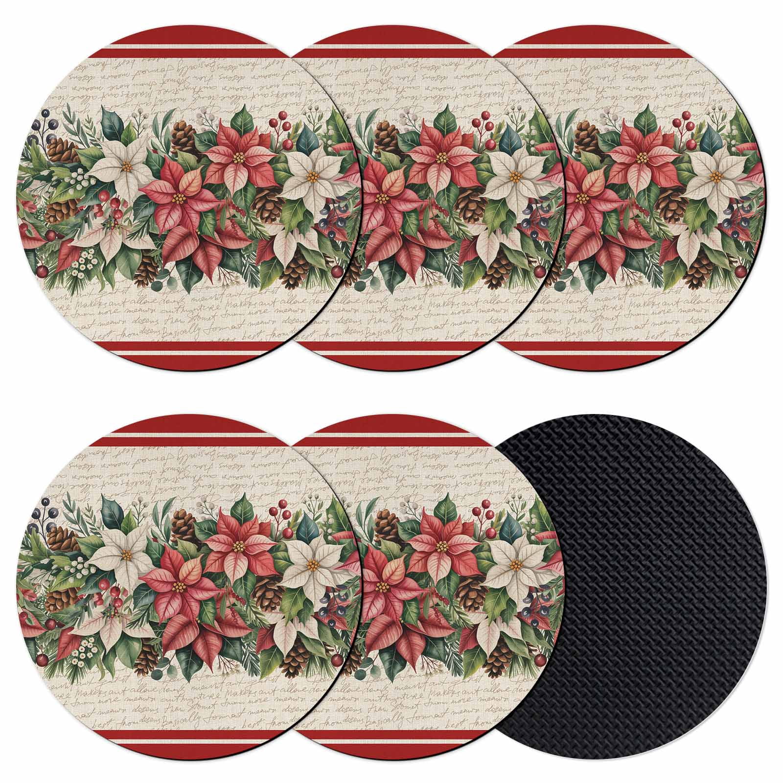 Christmas Poinsettia Coasters Set of 6, Absorbent Coasters for Drinks ...