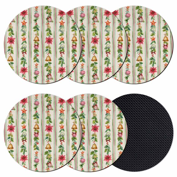 Christmas Poinsettia Coasters Set of 6, Absorbent Coasters for Drinks, Xmas Balls Green Leaves Vintage Coaster for Desk Coffee Table Protection, Home Decor House Warming Gifts 4"