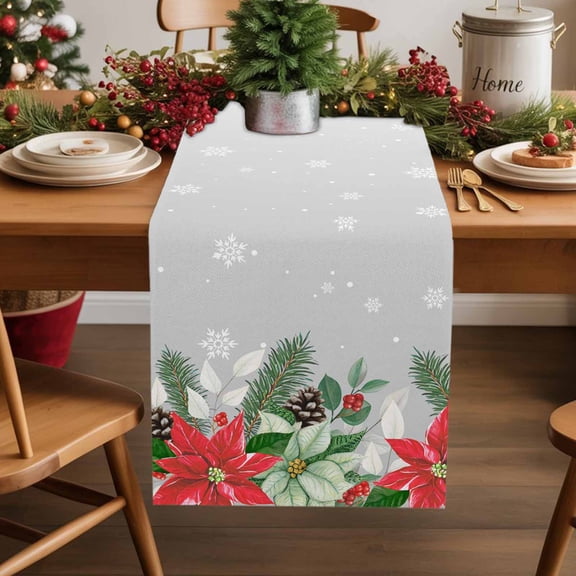 Christmas Poinsettia Cotton Linen Table Extra Long Runner 13 x 120 inch Xmas Eucalyptus Botanical Grey Non-slip Rectangular Dining Table Decor for Wedding Party Holiday Dinner