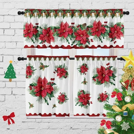 Christmas Poinsettia Curtain Valances Set, Red and Green Rod Pocket Festive Xmas Decor for Kitchen, Bedroom, Bathroom, Laundry Short Curtains 52Lx18W inch 36Lx26W inchx2, 3 Panel Set