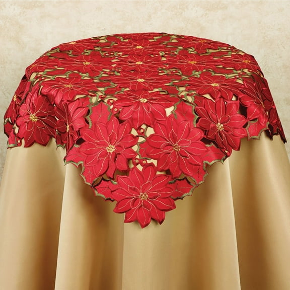 Christmas Poinsettia Cutwork Square Tablecloth - Red, Gold, Green - Fine Table Linens for your Kitchen, Dining Room - Holiday Embroidery Polyester Table Topper 34 Inch Sq