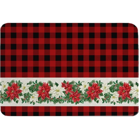 Christmas Poinsettia Doormat Absorbent Floor Mats, Red Black Plaid Xmas Winter Snowflake Non-Slip Front Door Mat Entry Door Rugs Outdoor Indoor Home Decorative, 18x30 Inch