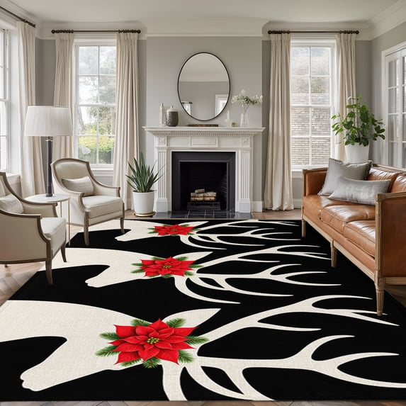 Christmas Poinsettia Elk 5'x7' Area Rug, Black Winter Xmas Holiday Washable Non-Slip Soft Rugs, Low-Pile Large Carpet for Living Room Bedroom Dining Room, Non-Shedding Accent Rug