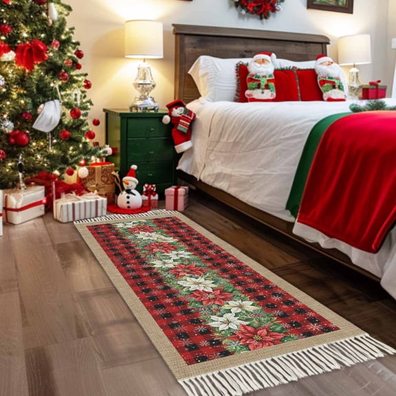 Christmas Poinsettia Entryway Runner Rug 2x4ft,Xmas Botanical Red Plaid Washable Woven Living Room Hallway Bedroom Kitchen Carpet with Tassels,Non-Shedding Indoor Outdoor Throw Door Mat for Entryway