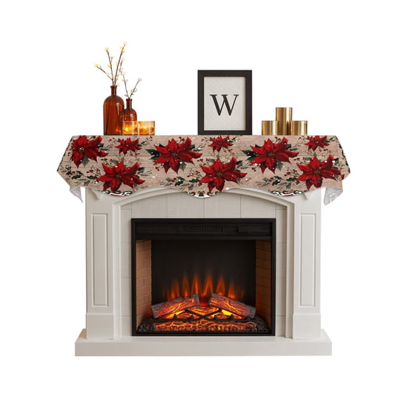 Christmas Poinsettia Fireplace Mantel Scarf Cover 60"Wx17"L,Fireplace Mantel Shelf Top Runner,Winter Xmas Red Floral Botanical Wooden Mantle Dresser Scarves Table Runner for Holiday Party Living Room