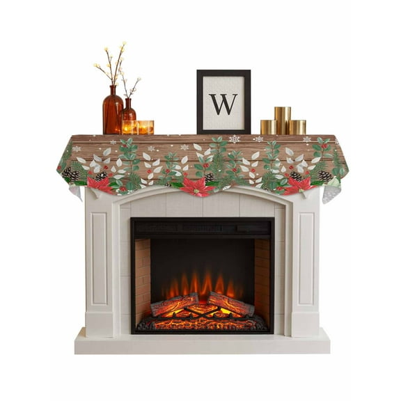 Christmas Poinsettia Fireplace Mantle Scarf, Farmhouse Eucalyptus Botanical Xmas Mantel Cover Table Runner for Home Living Room Door Window, Indoor Outdoor Holiday Party Decor 17" x 60"