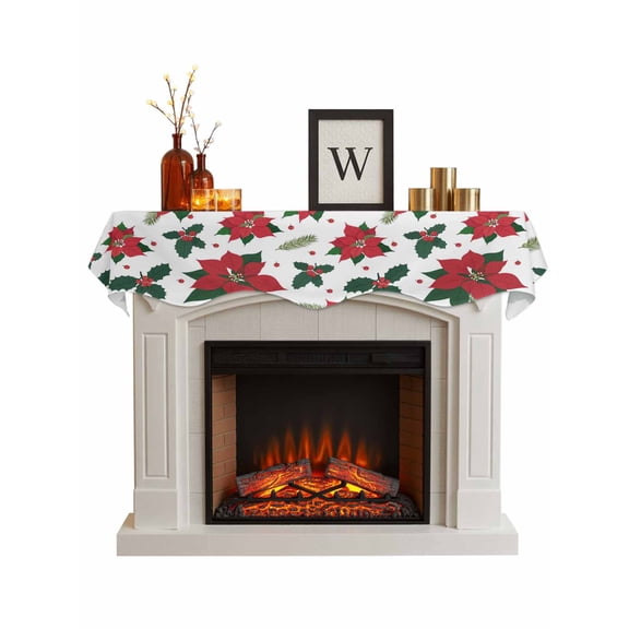 Christmas Poinsettia Fireplace Mantle Scarf, Xmas Botanical Berry Mantel Cover Table Runner for Home Living Room Door Window, Indoor Outdoor Holiday Party Decor 17" x 60"