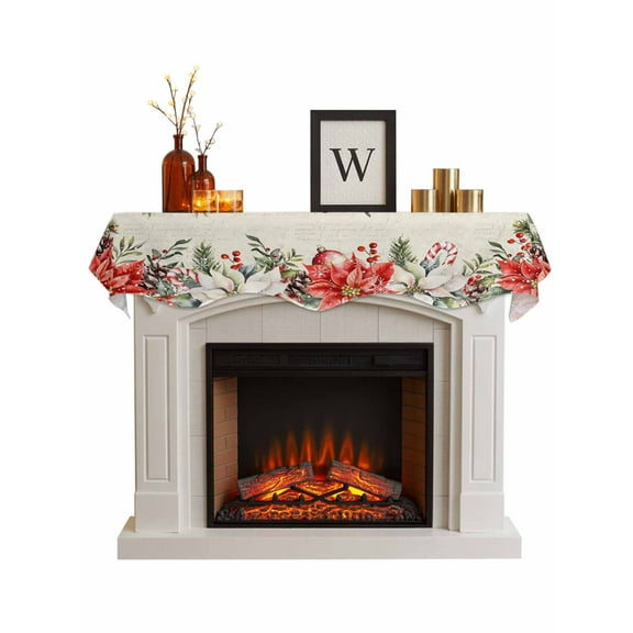 Christmas Poinsettia Fireplace Mantle Scarf, Xmas Floral Snowflake Winter Holiday Mantel Cover Table Runner for Home Living Room Door Window, Indoor Outdoor Holiday Party Decor 17" x 90"