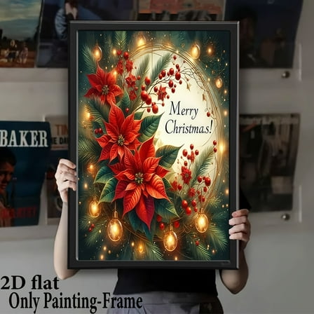 Christmas Poinsettia Floral Wall Decoration with "Merry Christmas" Text, Red and Green Holiday Decor - Indoor and Outdoor Hanging Art for Home, Office, Party Decoration - Christmas Decoration