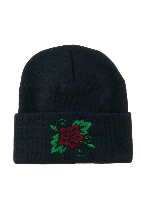 Christmas Poinsettia Flower Embroidered Long Beanie - Navy OSFM
