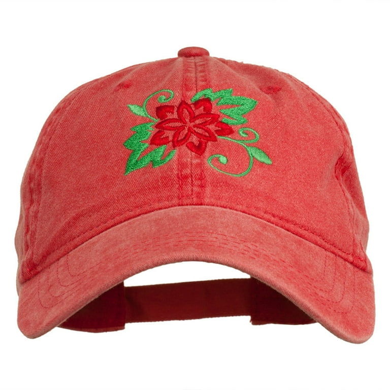 Christmas Poinsettia Flower Embroidered Washed Dyed Cap Red OSFM