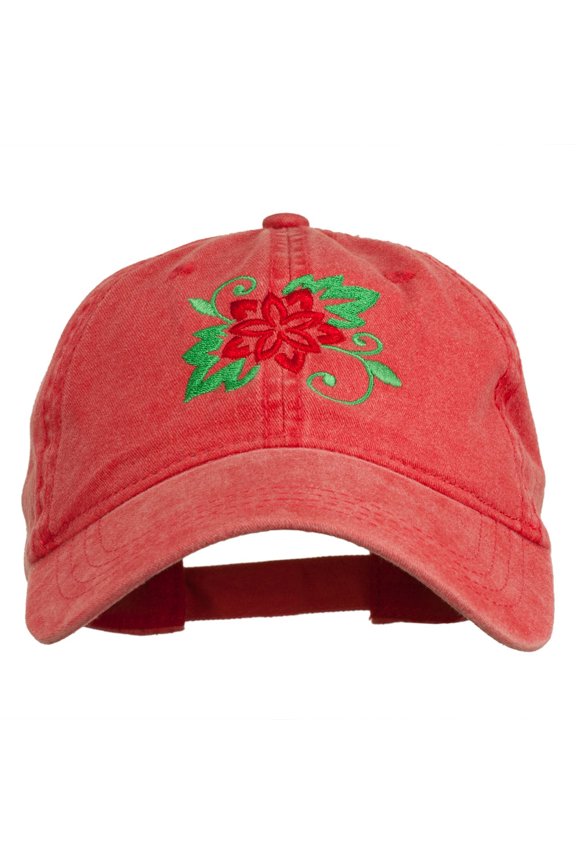 Christmas Poinsettia Flower Embroidered Washed Dyed Cap - Red OSFM