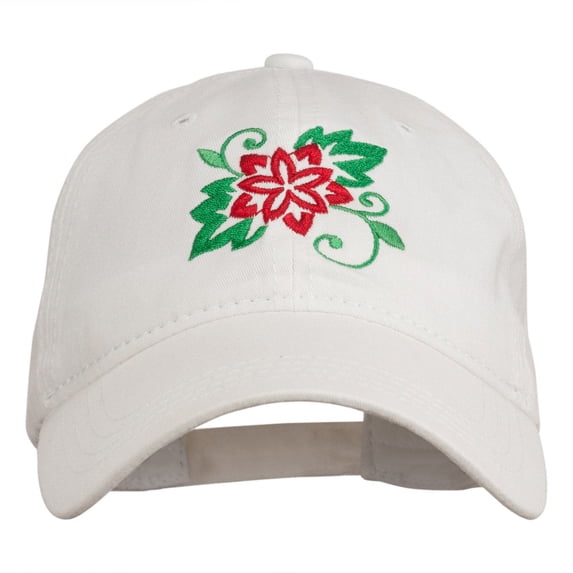 Christmas Poinsettia Flower Embroidered Washed Dyed Cap - White OSFM