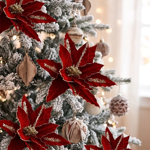 Christmas Poinsettia Flower Ornaments Glitter Sequin Velvet Clip On Christmas Tree Decor Artificial Floral Pendant Holiday Hanging Decoration for Tree Wreath Garland Gift Box Party