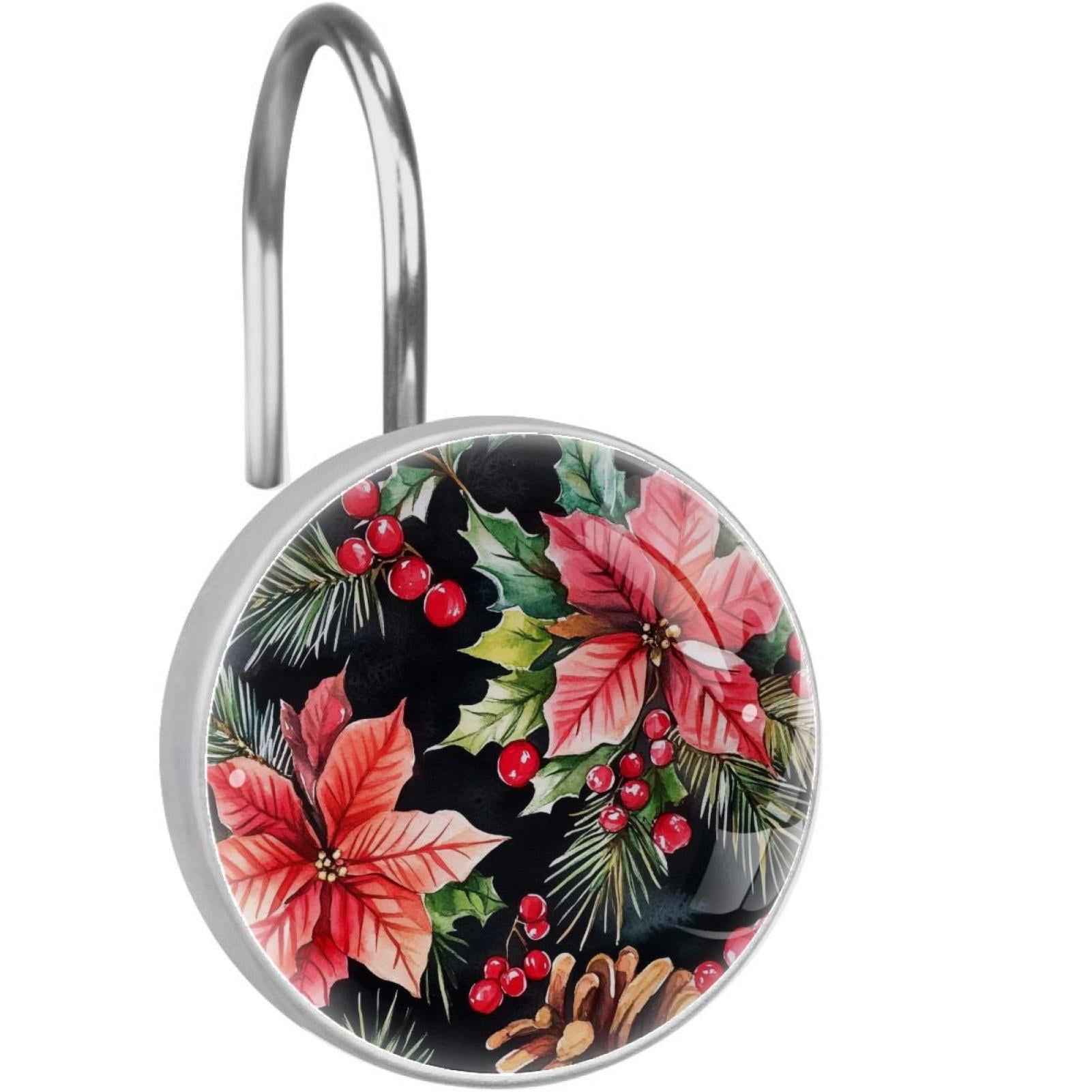 Christmas Poinsettia Flower Red Berry Shower Curtain Hooks Round Crystal Glass, Set of 12 Shower Curtain Rings - Shower Hooks for Curtain Shower Rings