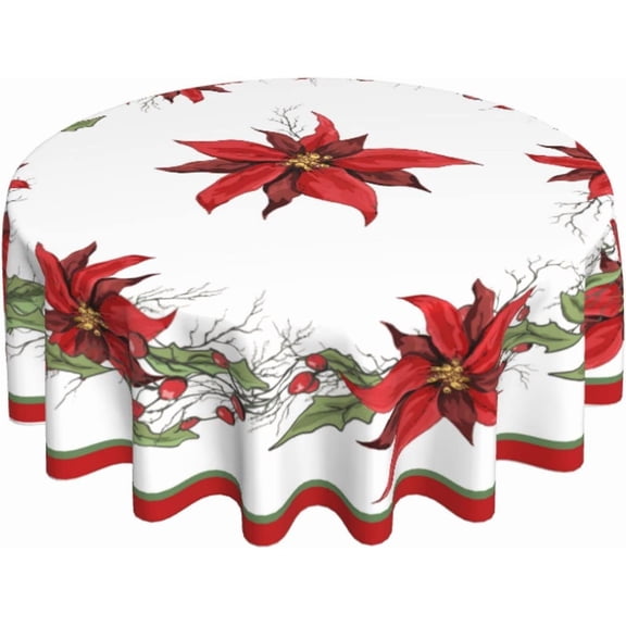 Christmas Poinsettia Flower Round Tablecloth Washable Reusable Decoration Table Cover for Kitchen Party 60"