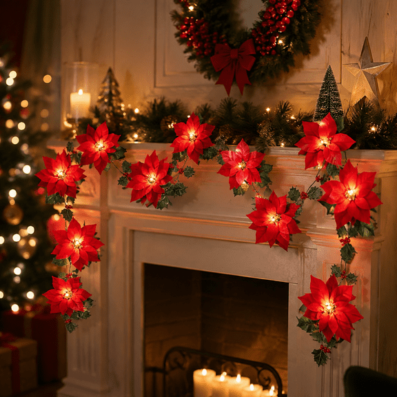 Christmas Poinsettia Flower String Lights, Battery Operated Floral Lights for Mantel Tree