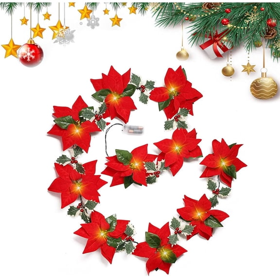 Christmas Poinsettia Flower String Lights, Battery Operated LED,6.6ft-10 Lights