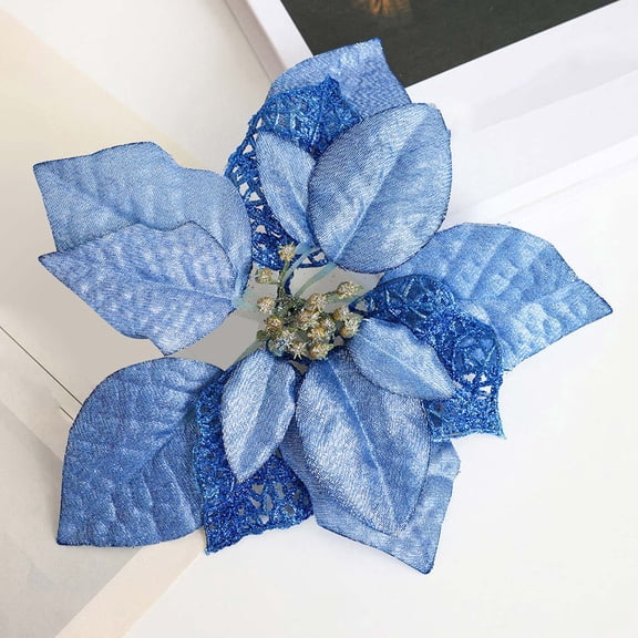 Christmas Poinsettia Flowers Artificial with Clips, 7.87" Christmas Decor Glitter Poinsettia Flowers for Christmas Tree New Year Wedding Party Wreath DIY Garland Decor (Blue)