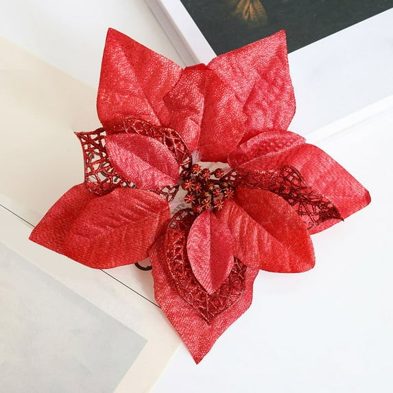 Christmas Poinsettia Flowers Artificial with Clips, 7.87" Christmas Decor Glitter Poinsettia Flowers for Christmas Tree New Year Wedding Party Wreath DIY Garland Decor (Red)