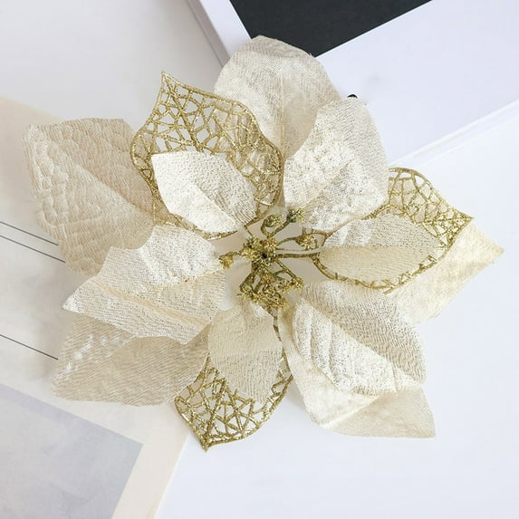 Christmas Poinsettia Flowers Artificial with Clips, 7.87" Christmas Decor Glitter Poinsettia Flowers for Christmas Tree New Year Wedding Party Wreath DIY Garland Decor (Gold)